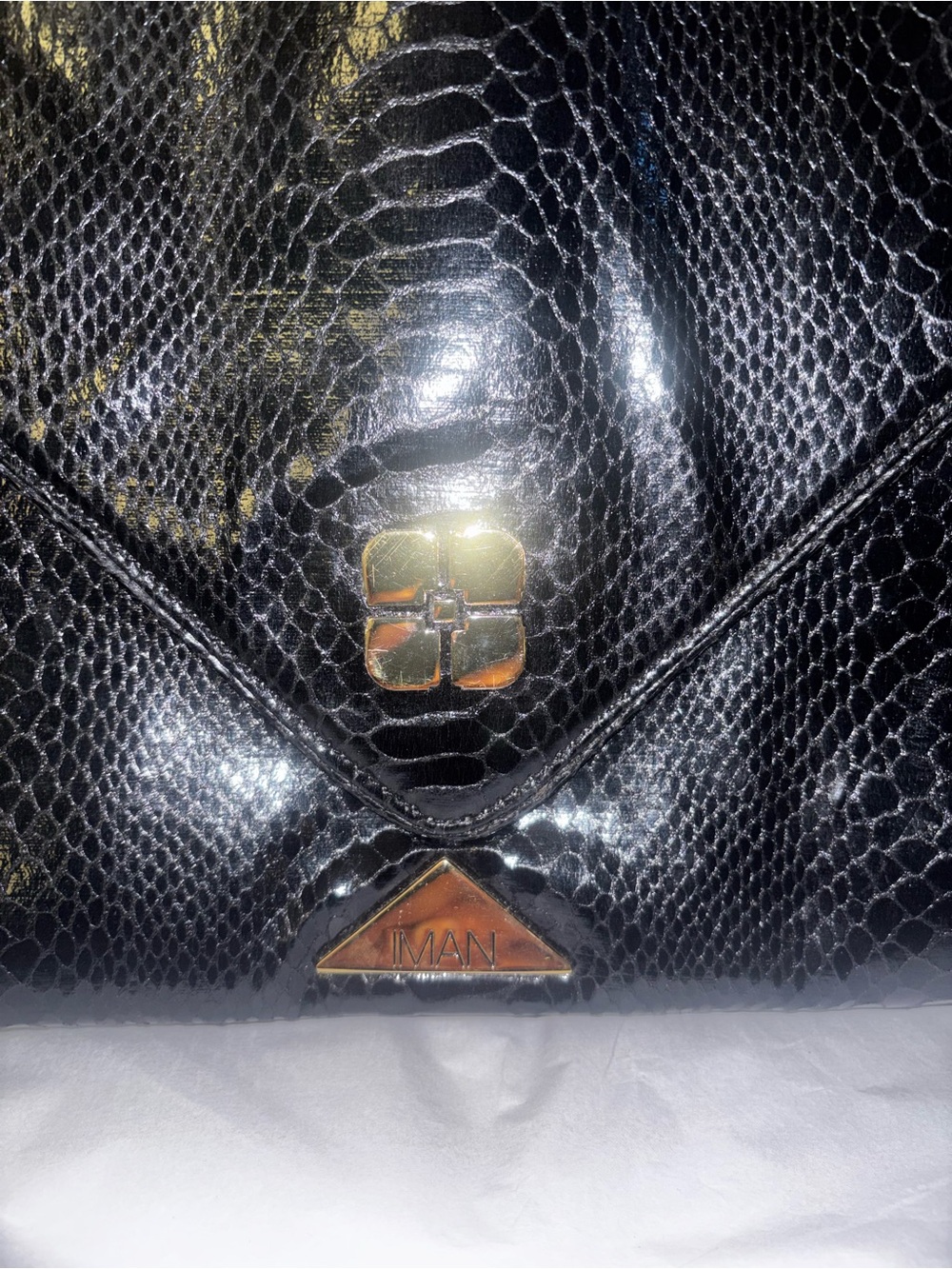 IMAN Black Faux-Snakeskin Envelope Clutch with Gold Hardware